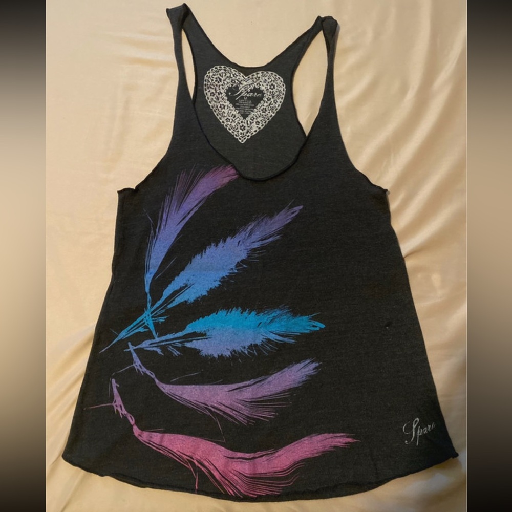 Sparrow Women's Charcoal Tank Top with Feather Print